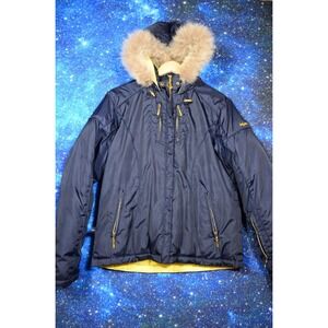 Baby Phat Jacket Womens Large Blue Hooded Down Puffer Coat‎ Coyote Fur Trim Warm